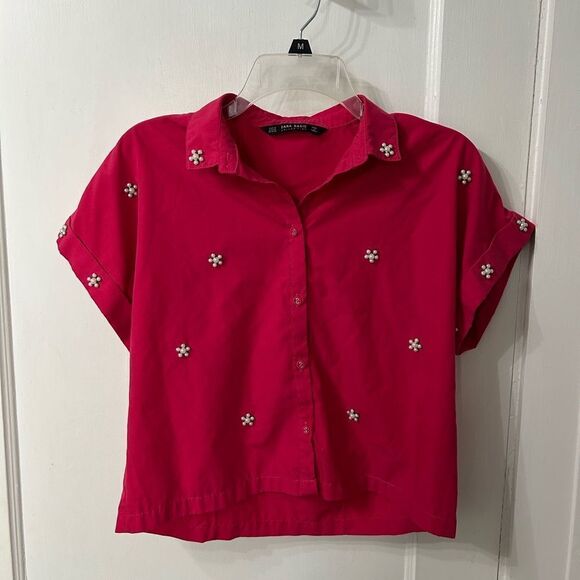 Zara Tops - Zara Pink Button Down Shirt with Beaded Floral Accents